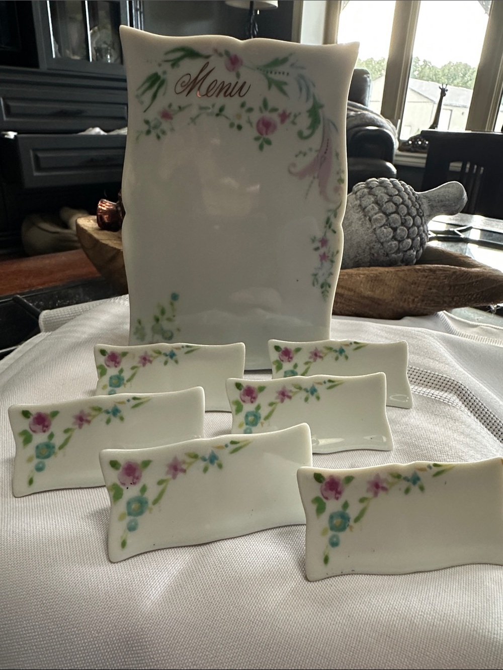 Vintage Porcelain Menu Sign with Floral Place Card Holders